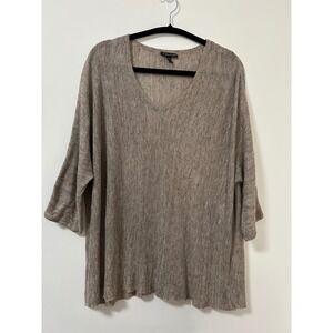 Eileen Fisher Linen Knit V Neck 3/4 Sleeve‎ Oversized Sweater Taupe Small